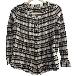 By Anthropologie Size 10 Black and White Checked Gauzy Pleated Button Up Top